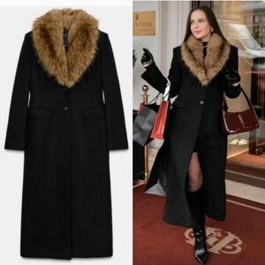 ZARA WOOL BLEND COAT WITH FAUX FUR COLLAR ZW COLLECTION Size L Large